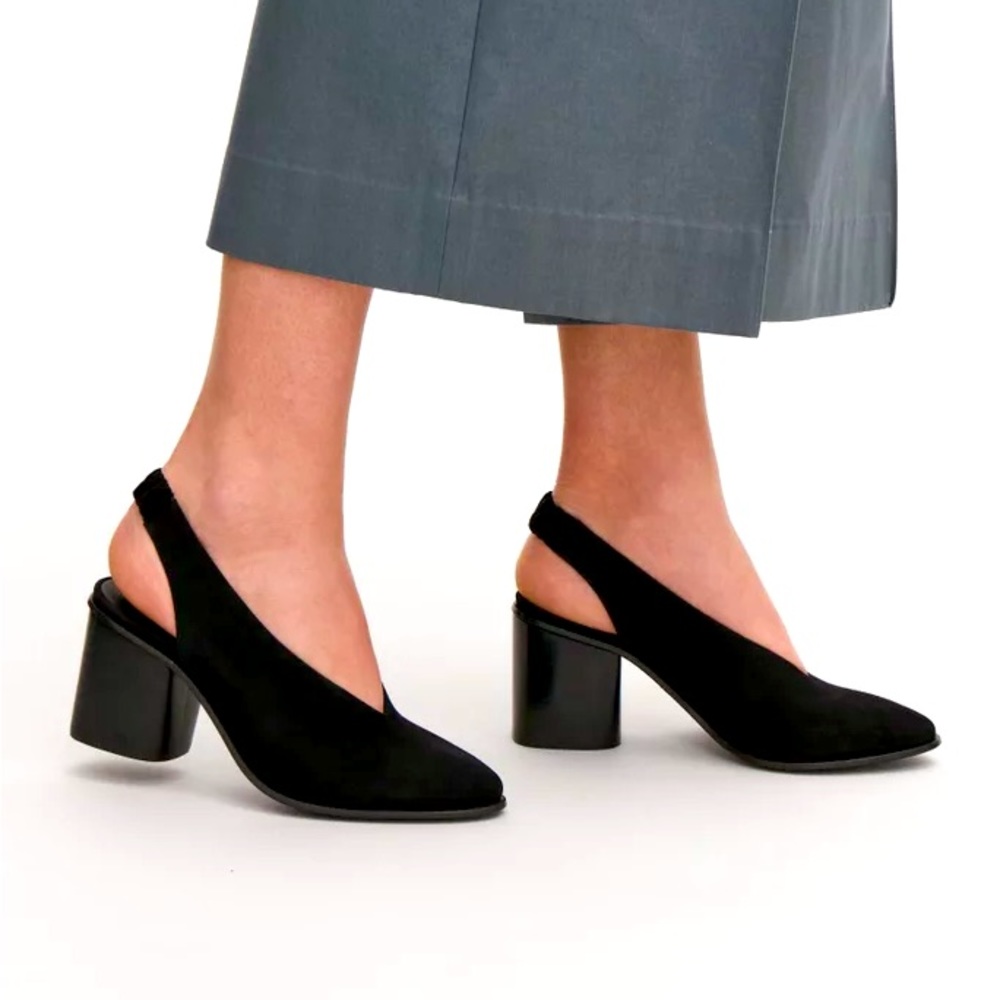 COS black suede pointy toe chunky heel pumps slip-on